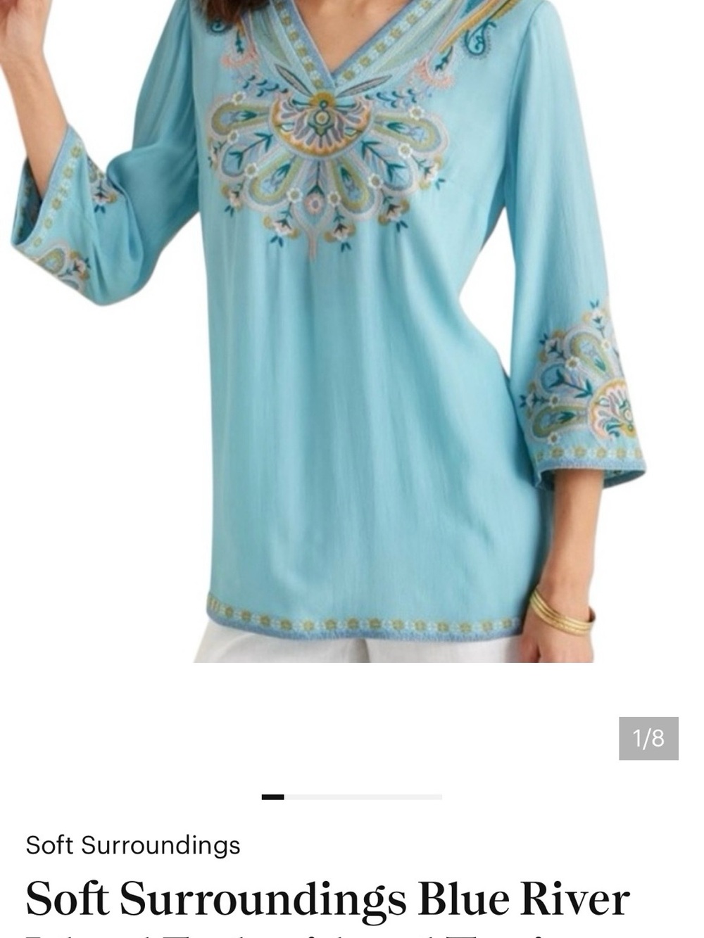 Soft Surroundings Aqua Embroidered V-Neck Tunic